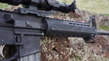 The slightly triangular-shaped hand guard by Bravo Company Manufacturing comes standard with internal heat shields.