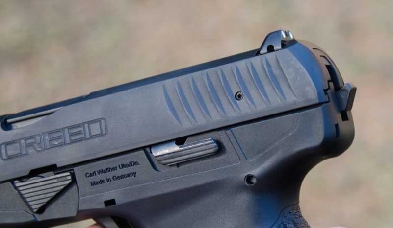 The slide stop is located on the left side of the slide, and is operated with your right-hand thumb. 