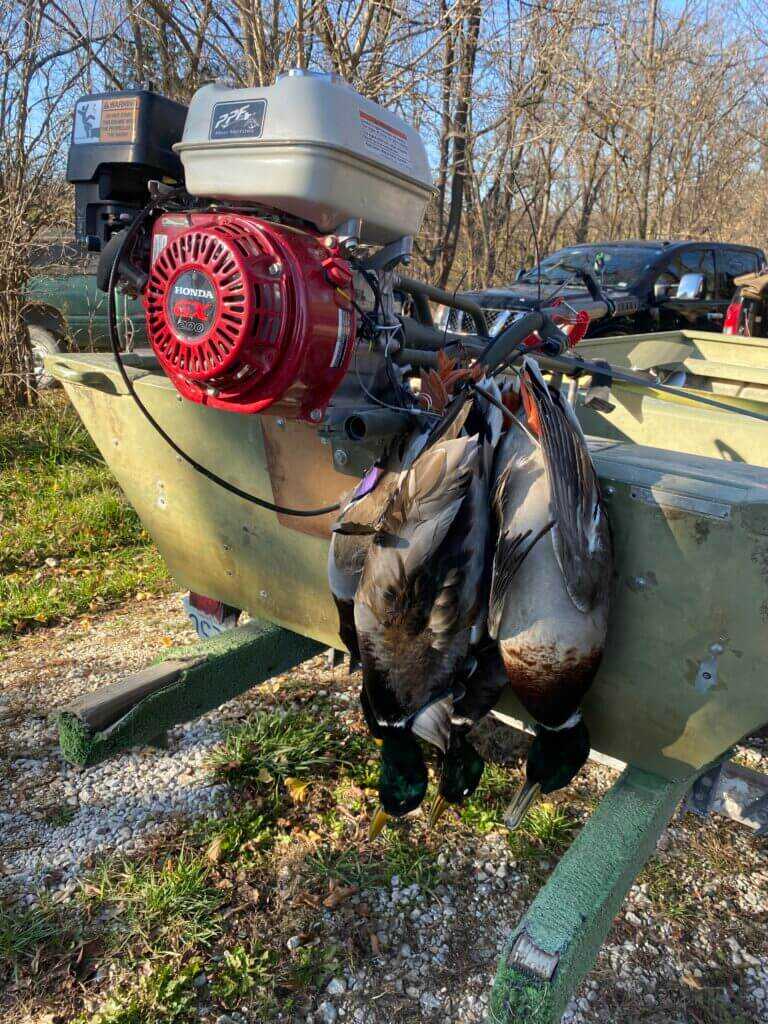 PPF Wood Duck mud motor with Honda GX200 on green duck boat reaching birds in shallow marsh