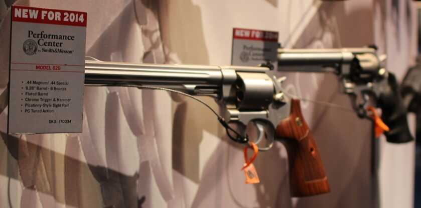 Smith & Wesson Performance Center revolvers on display at SHOT Show 2014, where the 9mm 929 and 986 launched