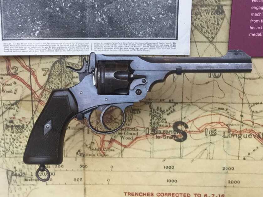 WWI Webley service revolver carried by tank commander Arthur Blowers on display at the Bovington Tank Museum