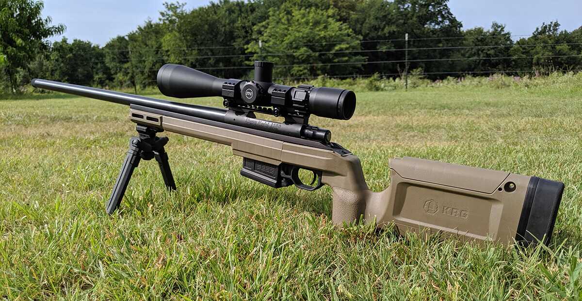 Howa 1500 in a KRG Bravo chassis on a bipod, best budget rifle chassis 2026