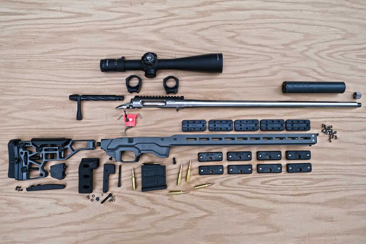 Exploded view of the original MDT ACC chassis, predecessor of the ACC Premier Gen2, most adjustable rifle chassis 2026