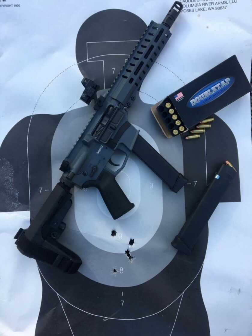 CMMG Banshee 10mm AR pistol with Speer Gold Dot ammo on a target