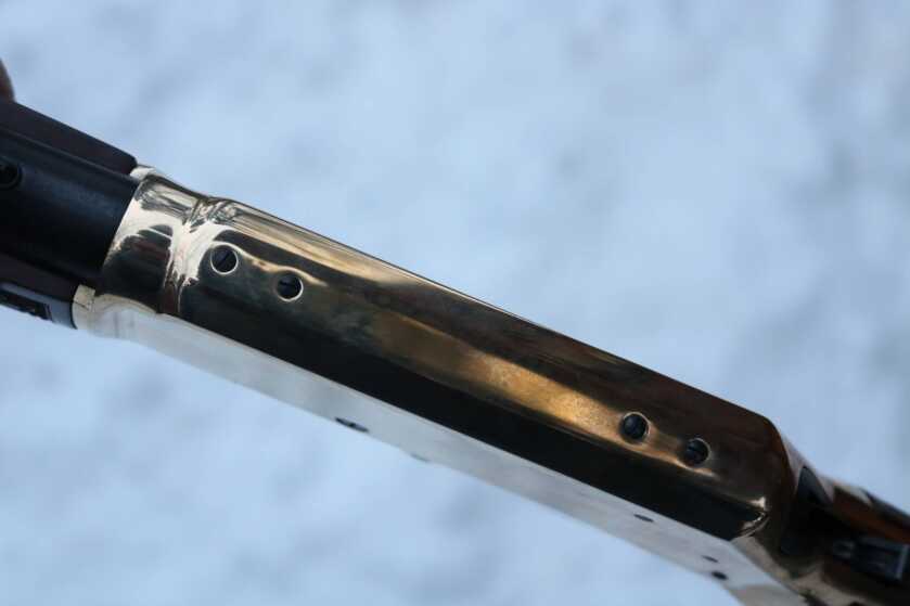 Brass receiver of the Henry H24 Signature .45-70 lever action drilled and tapped for a scope mount