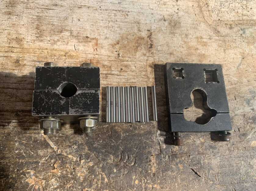 FAL rifle build tools including a barrel vise, gauge pins, and a receiver wrench