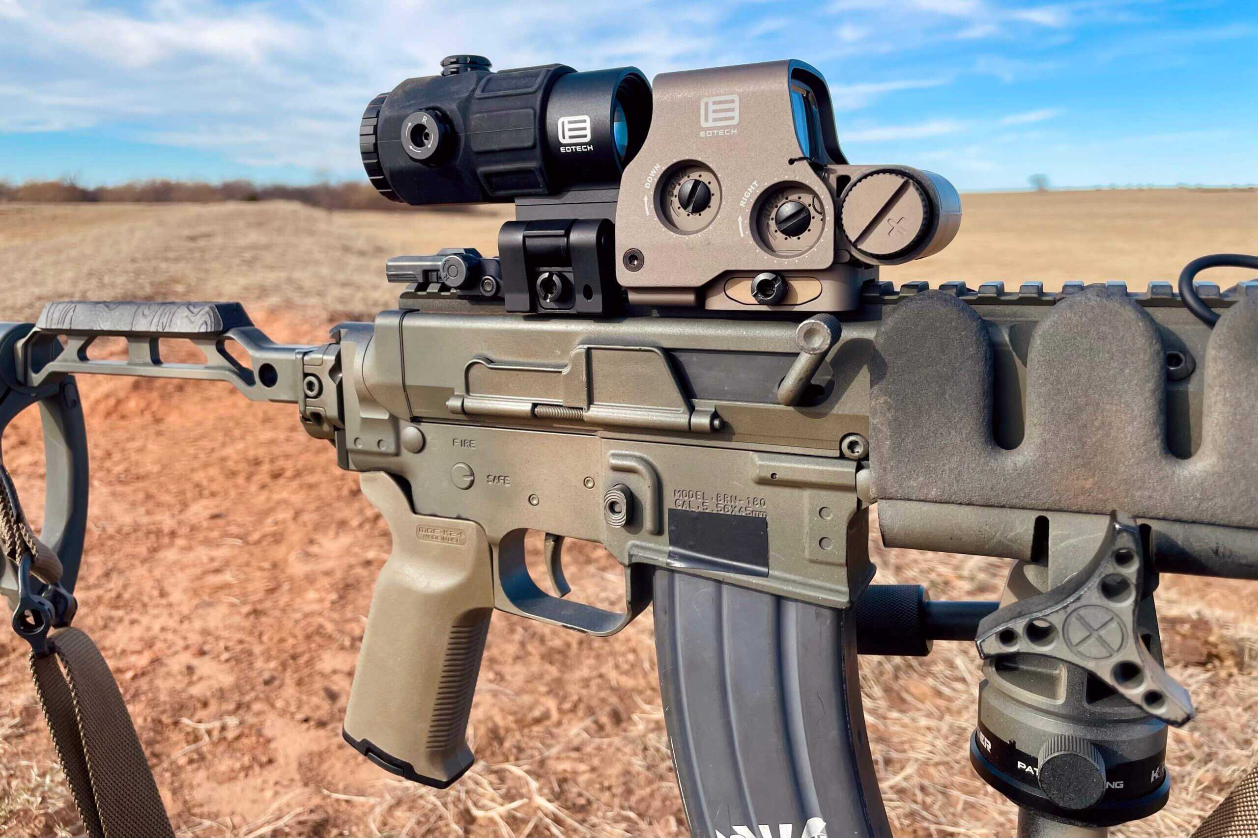 EOTech G45 5X magnifier behind an EXPS3 holographic sight, best 5X red dot magnifier 2026