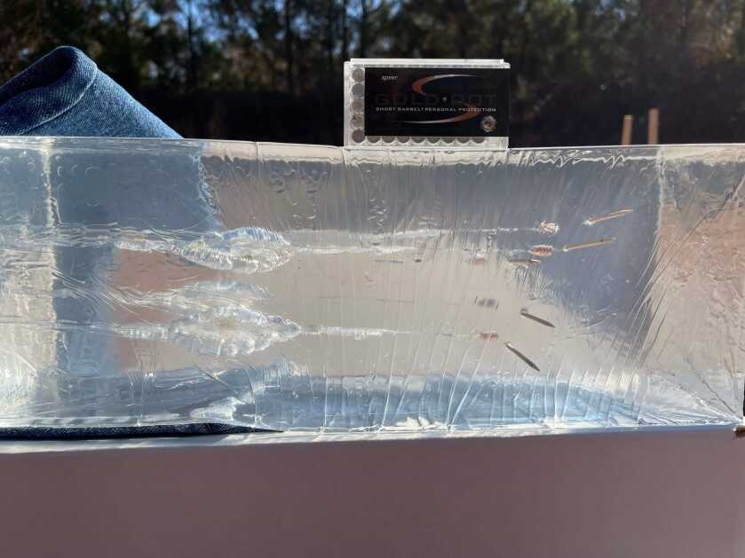 Clear ballistic gel block used to test .22 LR and .22 WMR defensive loads