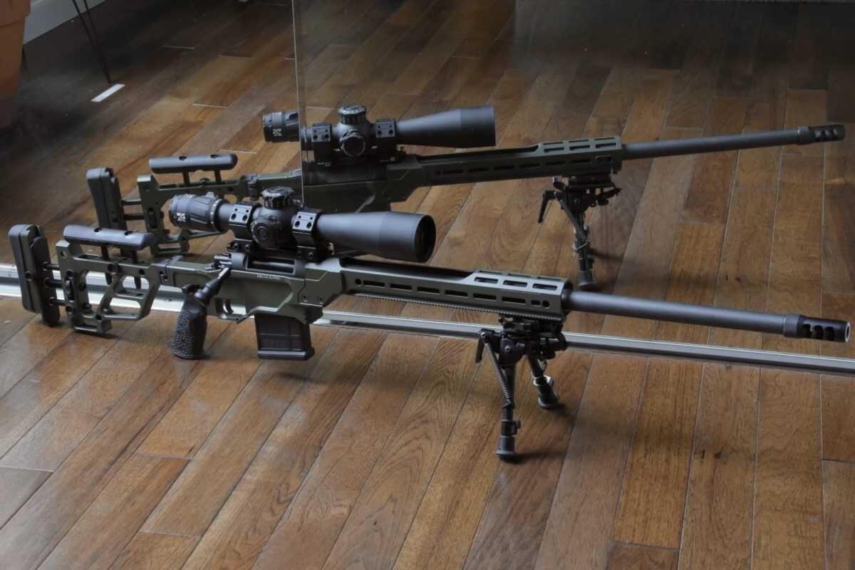 A bolt action Delta 5 Pro rifle is reflected in the mirror.