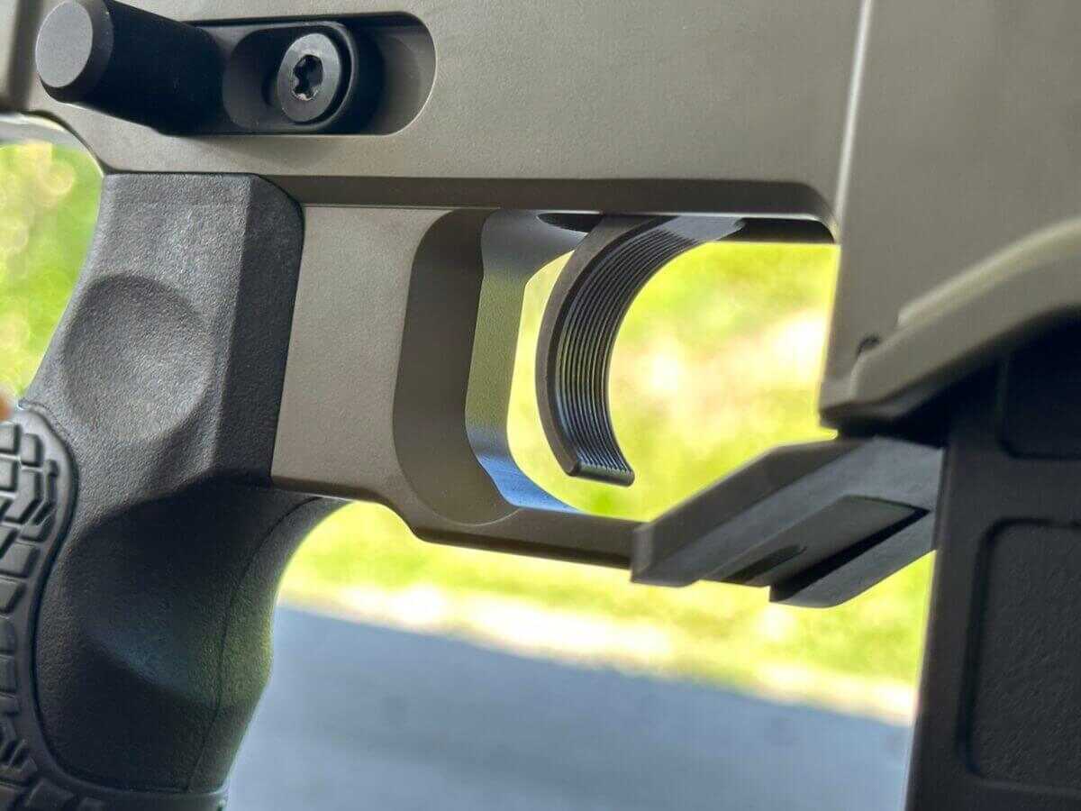 A closeup of the Delta 5 Pro's Timney Hunter Elite trigger.