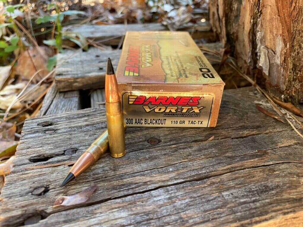 Barnes VOR-TX 300 AAC Blackout 110 grain TAC-TX ammunition box and cartridges