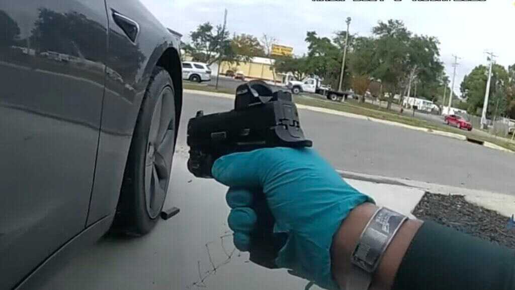 Officer overreacts to acorn falling.
