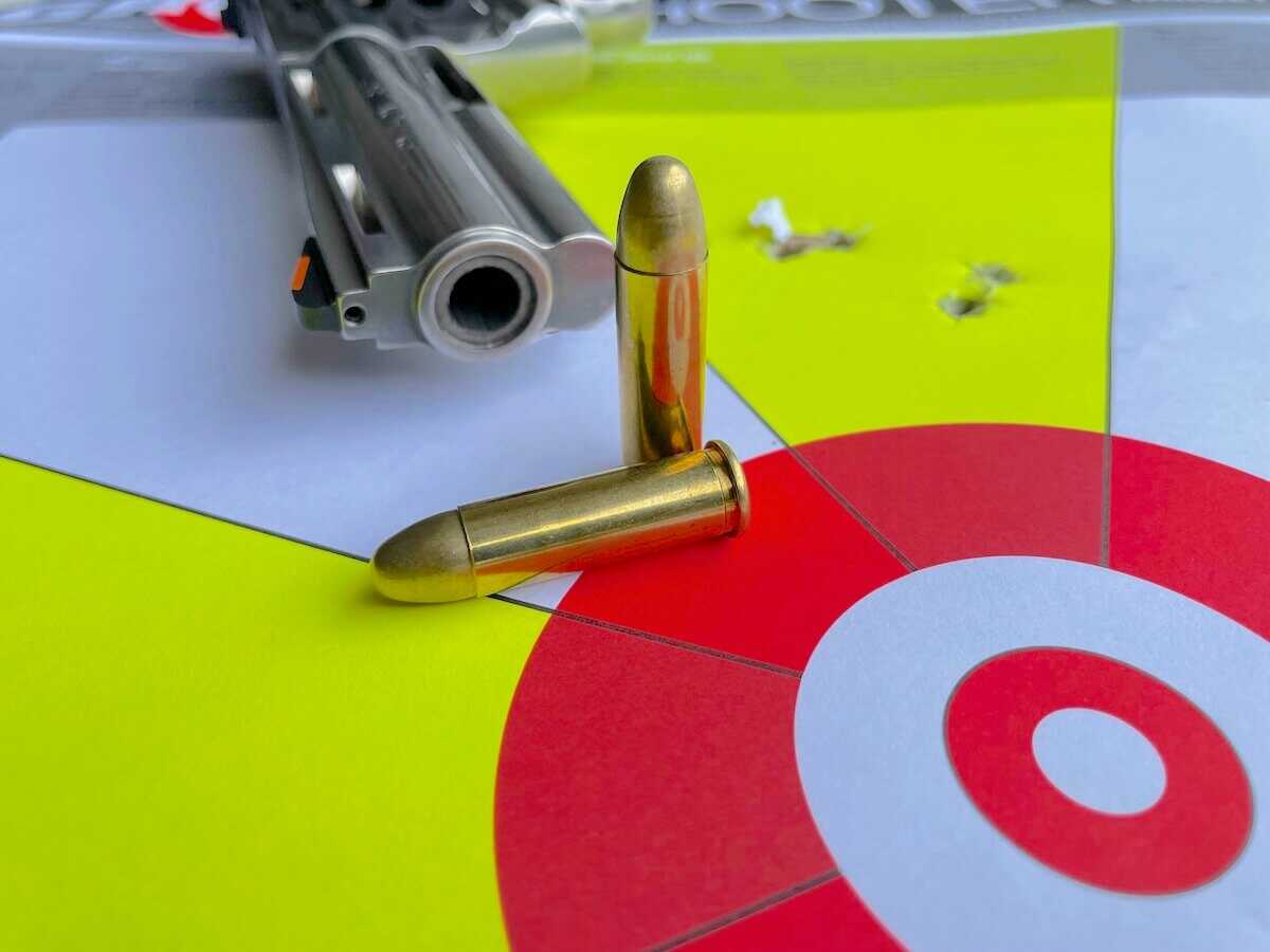Colt Python with .357 Magnum and .38 Special rounds on a bullseye target from our point of impact test