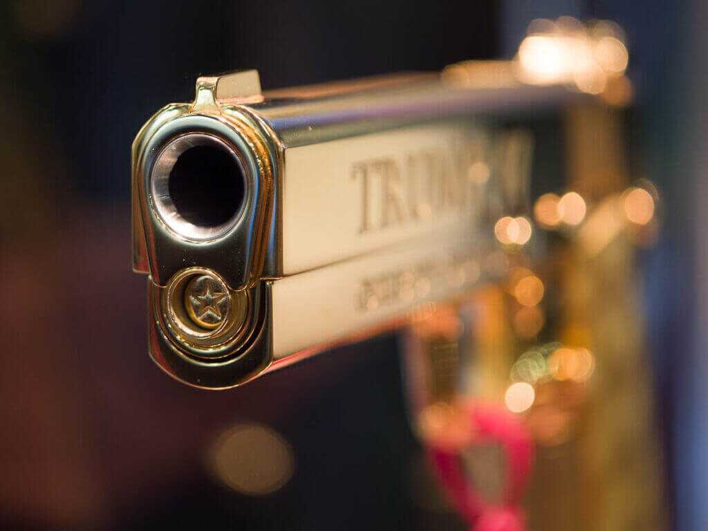 The front of the gun showing the barrel and bushing with the rest of the gun out of focus to the right.
