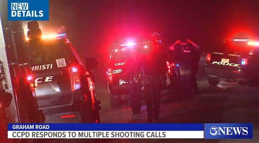 News coverage of a shooting in Corpus Christi, Texas with red police lights and headlines across the screen