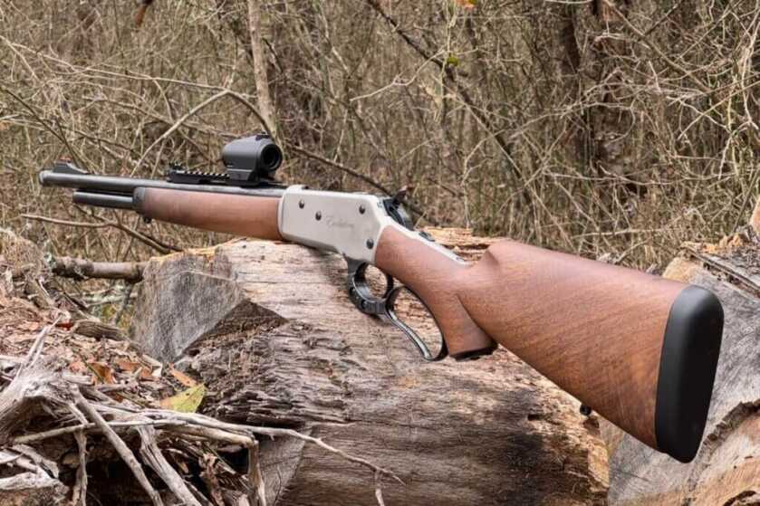 Pedersoli 86/71 Lever Action Boarbuster Evolution on petrified wood in forest