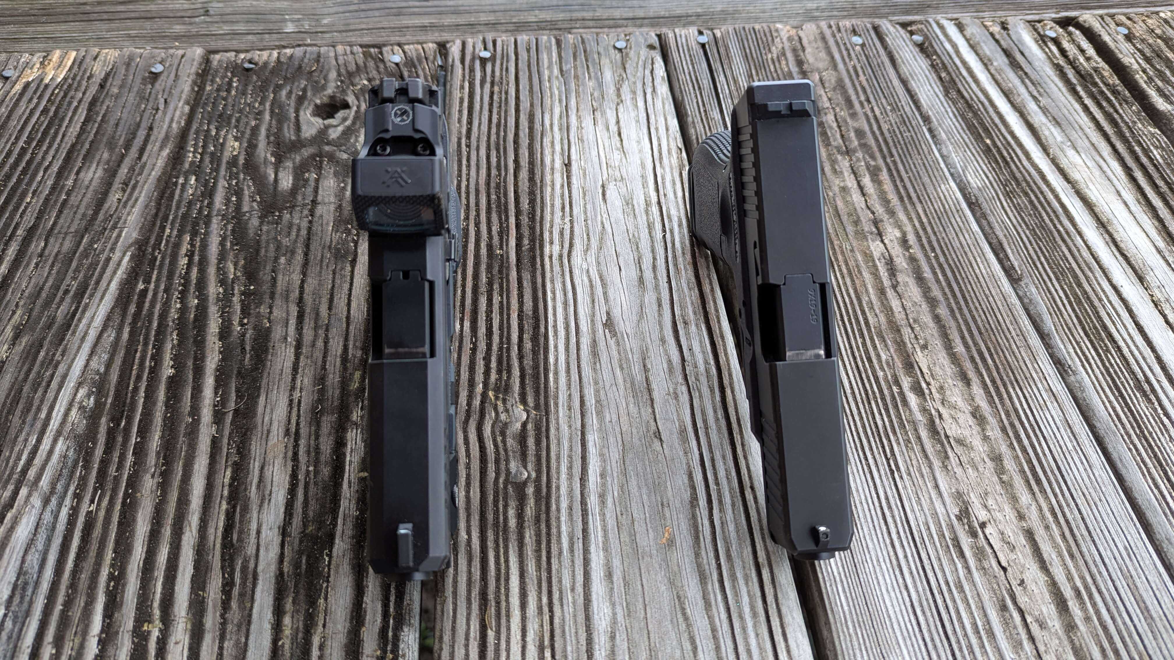 Ruger RXM optics-ready slide next to a Glock 19 Gen 3 slide
