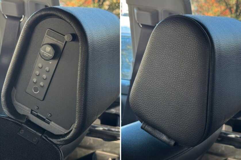 Buttons under cover to control headrest safe
