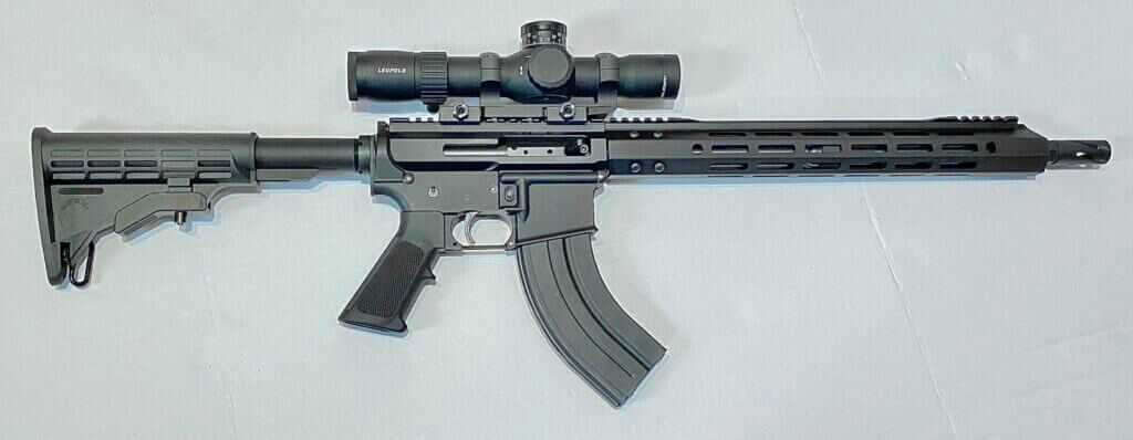 Bear Creek Arsenal AR-15 7.62x39 rifle with scope and curved magazine