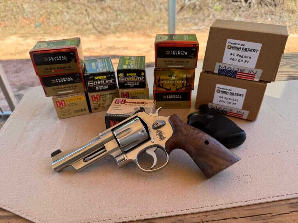 S&W 629 Mountain Gun with assorted .44 Magnum and .44 Special ammunition on the bench