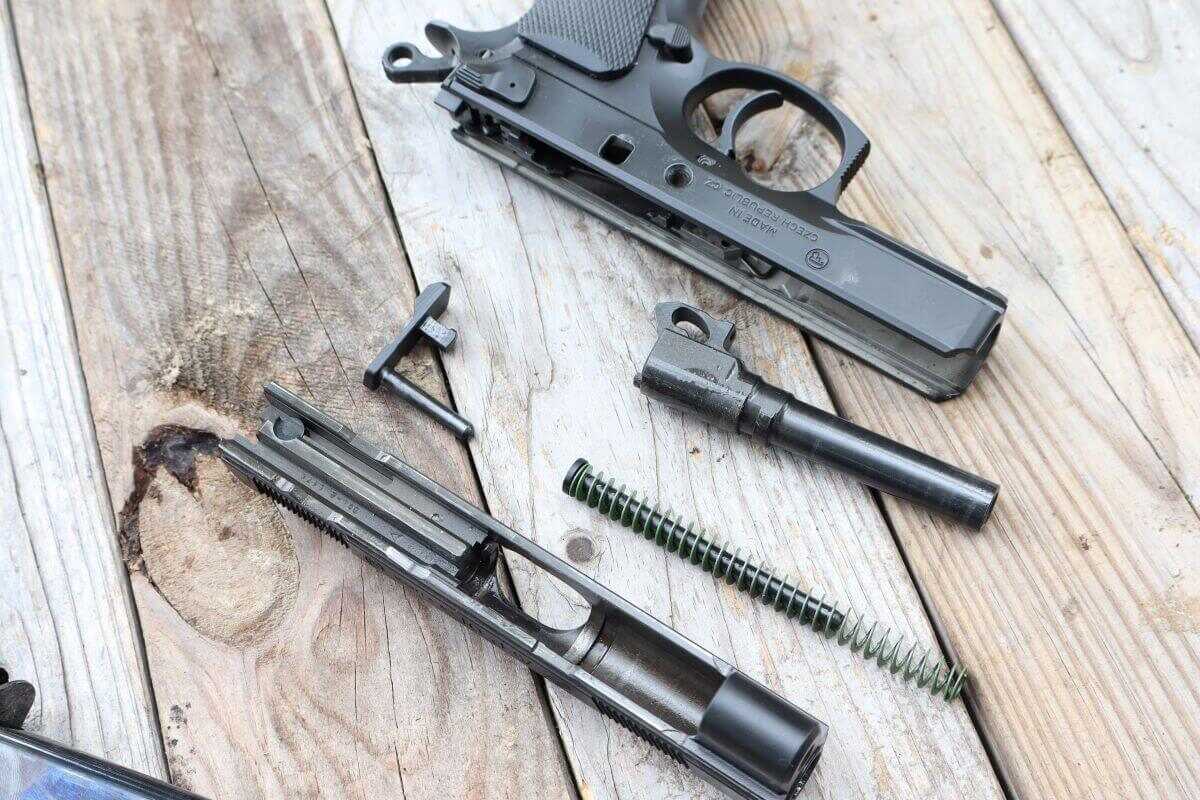 CZ P-01 field stripped showing slide, barrel and guide rod