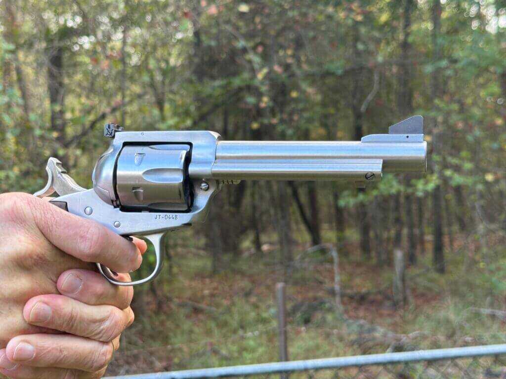 Ruger Blackhawk Flattop Bisley on range closeup during testing