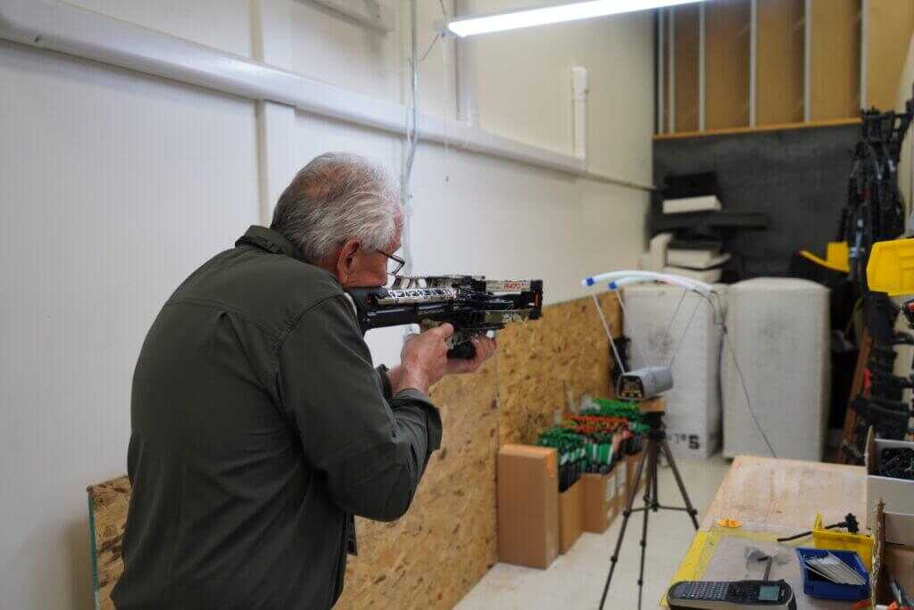 Author test firing the Ravin R470 on factory chronograph station