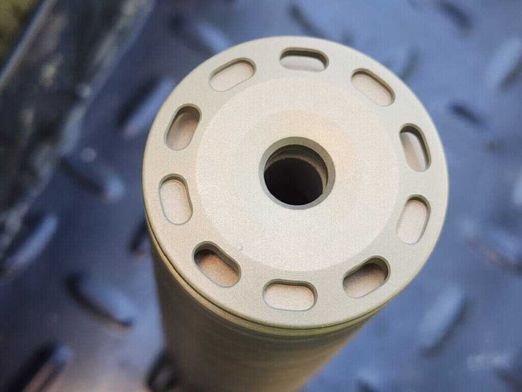 Close view of SilencerCo Single Port Anchor Brake included with Scythe Ti to reduce recoil and muzzle rise