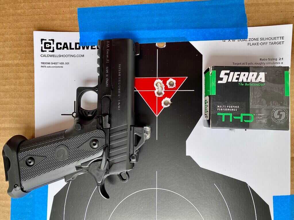 Witness 2311 BRAT tight group at 8 yards offhand using Sierra THD 124 grain