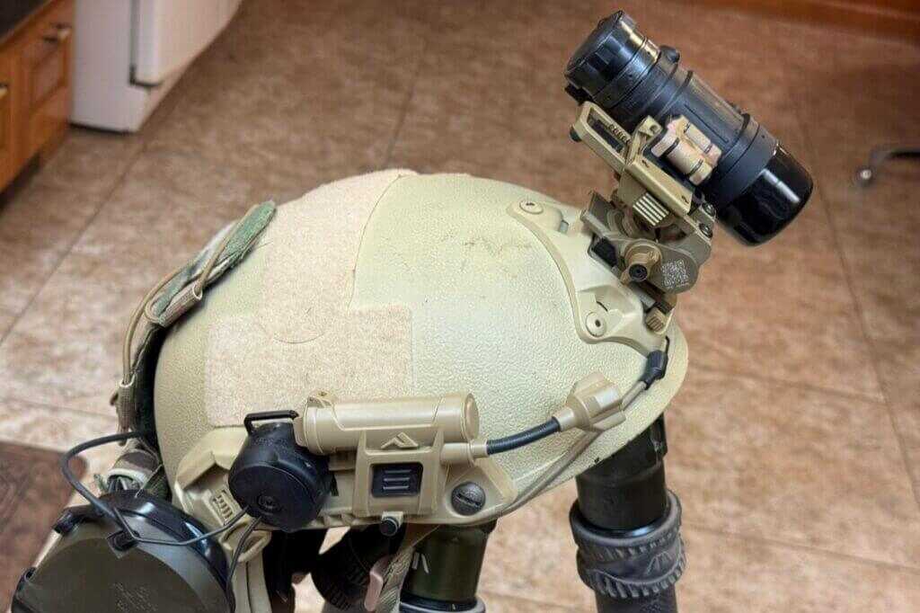 PVS-14 laid flat against helmet using Noisefighters MAX14 side-stow position to reduce height