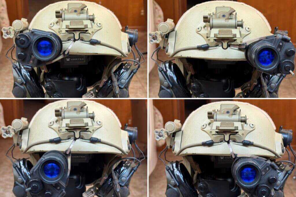 Noisefighters MAX14 articulating knuckle rotated for quick eye swap and low-profile stow on helmet