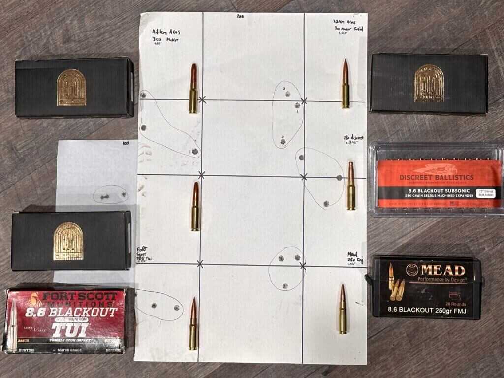 UP-10 8.6 Blackout 100 yard target results across multiple ammo types.
