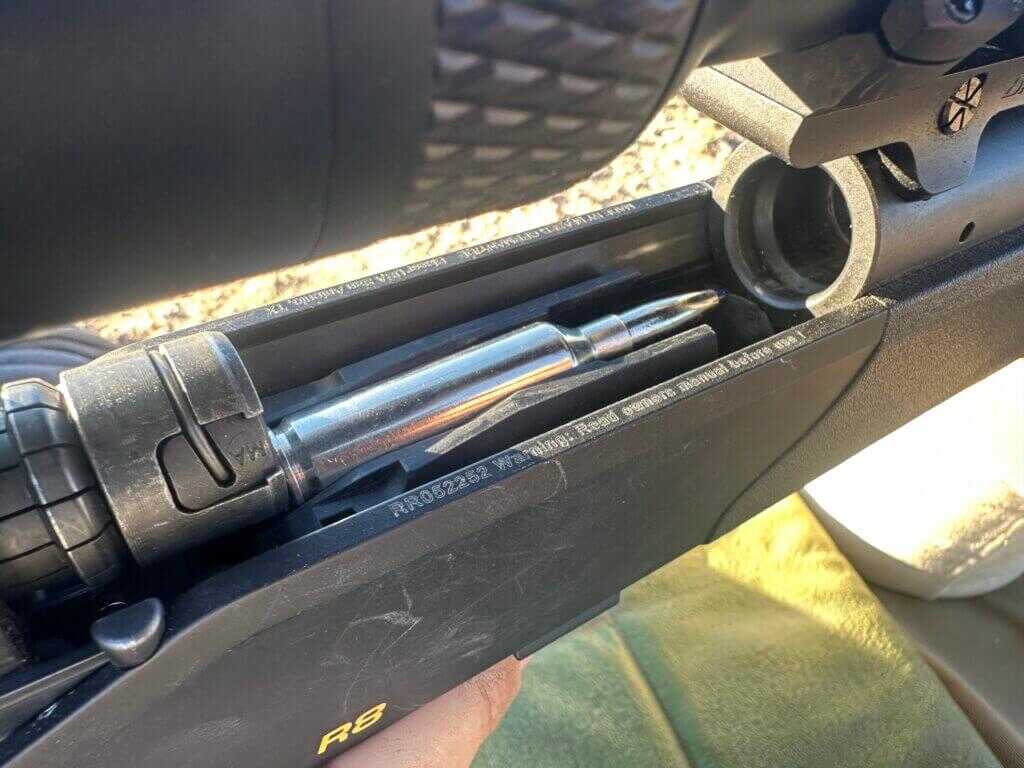 Blaser R8 floating bolt head, magazine, and breech closeup