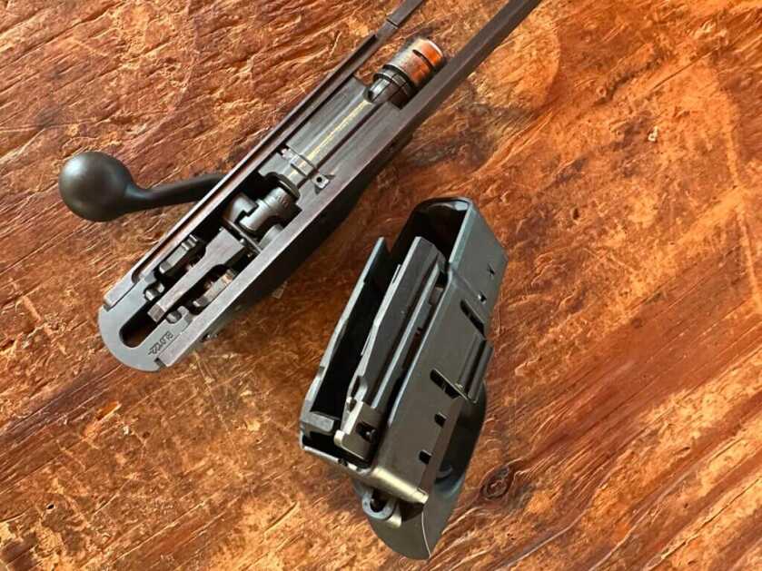 Blaser R8 detachable trigger and magazine group with bolt mechanism underside