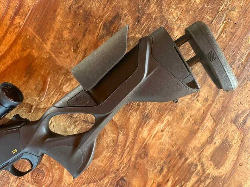 Adjustable Blaser R8 Ultimate stock with thumbhole, cheek riser, and LOP lever
