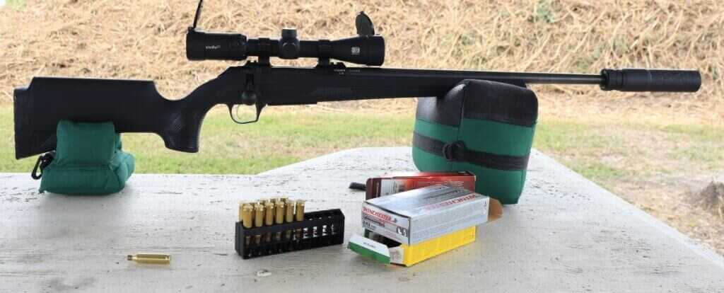 CZ 600+ Alpha on bench with EOTech VuduX 2-12 scope and SilencerCo Velos 7.62 suppressor