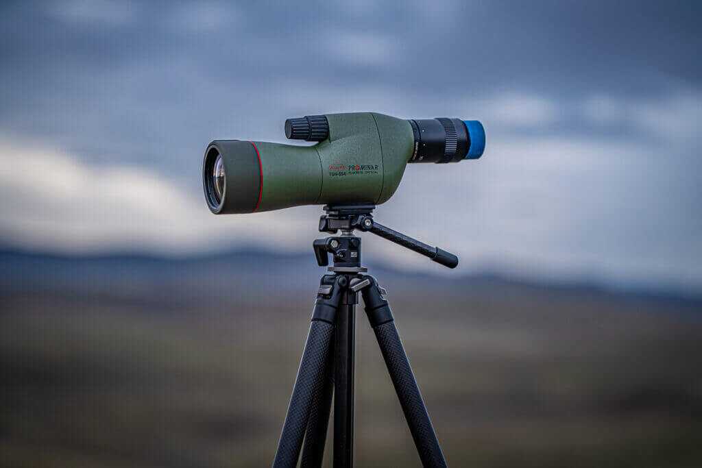 Kowa TSN 550 Prominar spotting scope mounted on Aziak tripod for ultralight backcountry use