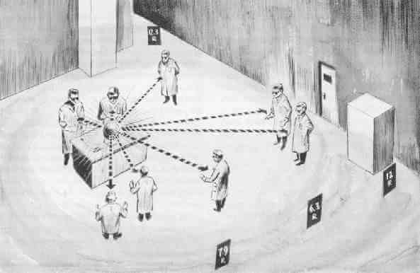Diagram of personnel positions around Demon Core during Slotin criticality accident showing dose exposure