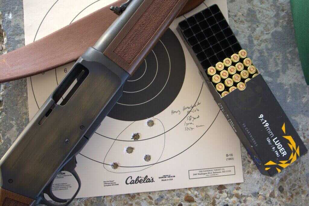 Henry Homesteader M-LOK accuracy test target with Igman ammunition at fifty yards