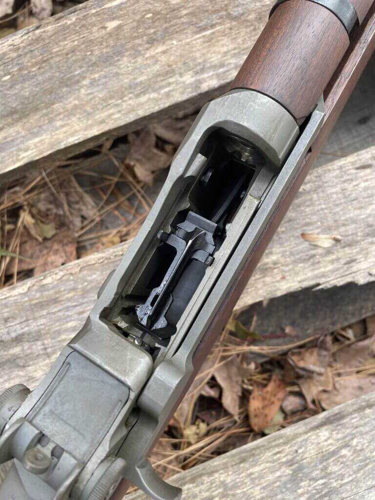 M1 Garand with bolt locked back ready to accept an en bloc clip
