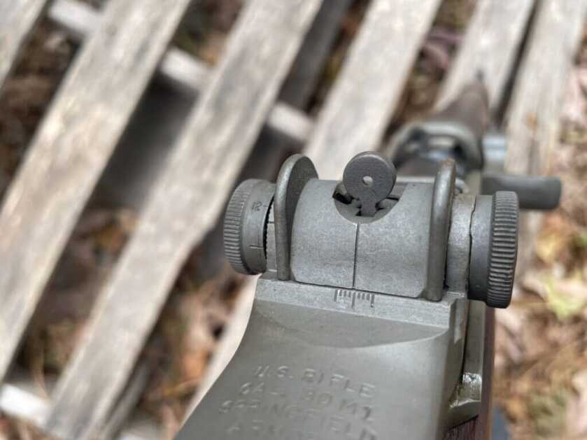 Rear sight on an M1 Garand with windage and elevation adjustments