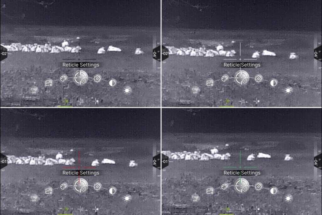 IOL25 reticle color options demonstrated on cattle at 230 yards