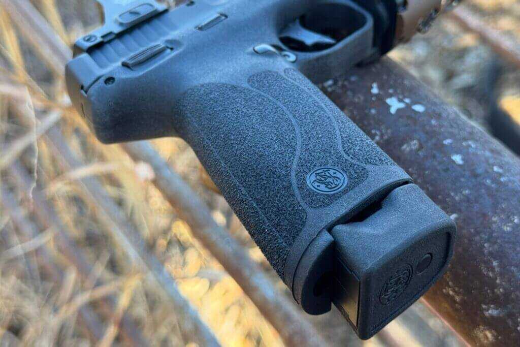 Closeup of M&P22X grip texture showing medium aggressive pattern