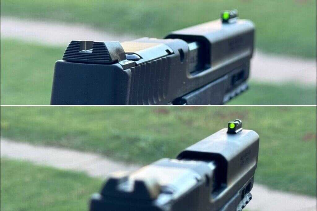 M&P22X blacked out serrated rear sight with bright green fiber optic front