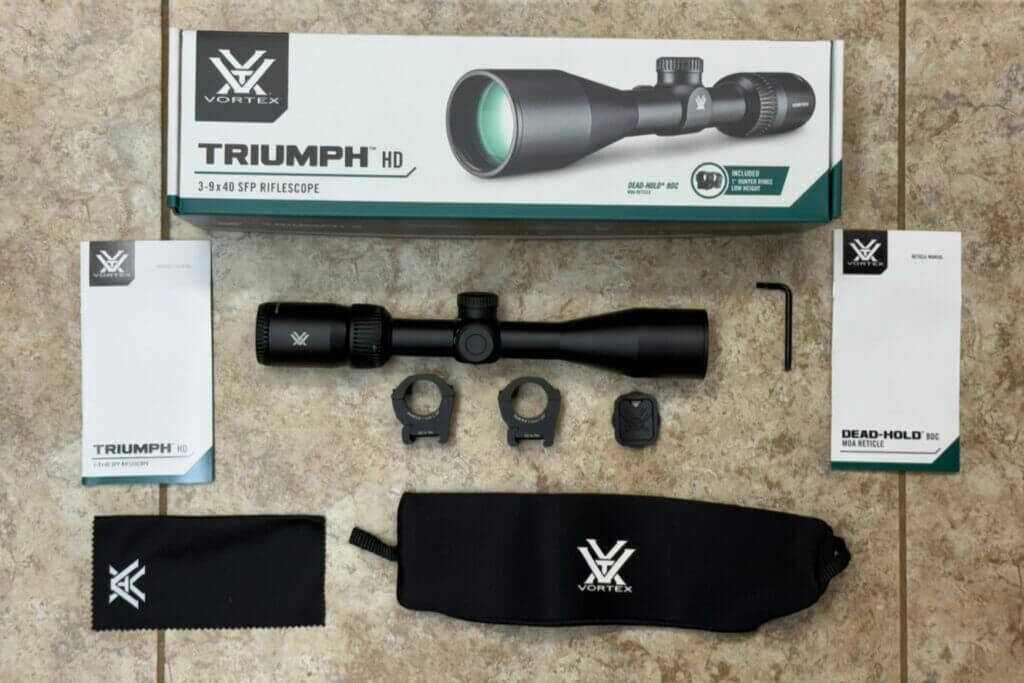 Vortex Triumph HD 3-9x40 box contents with included hunter rings turret tool scope cover lens cloth and Torx wrench