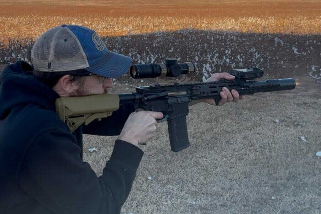 Tester running the Vortex AMG 1-10x24 on the range during early hands-on evaluation
