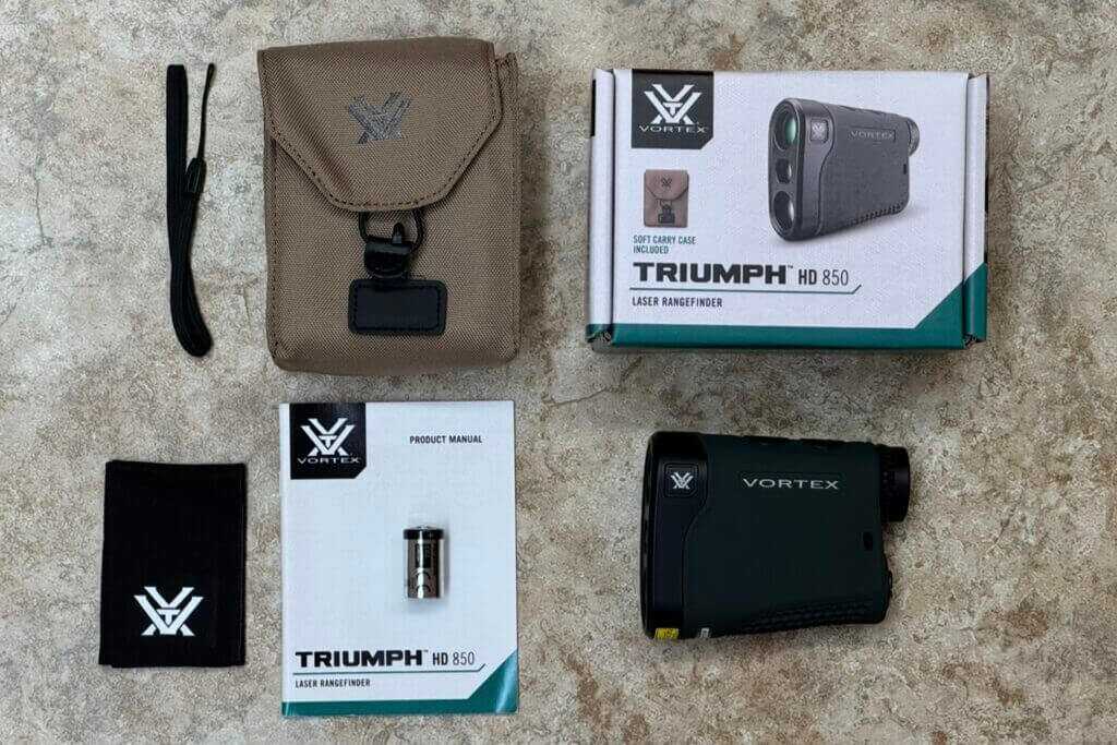 Vortex Triumph HD 850 contents including soft case wrist lanyard lens cloth and CR2 battery