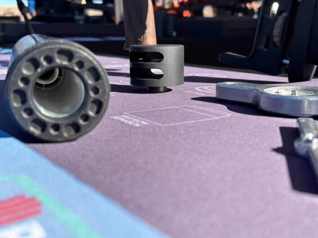 A view down the bore of the Hush suppressor, showing how the suppressor attaches over the barrel of the rifle.