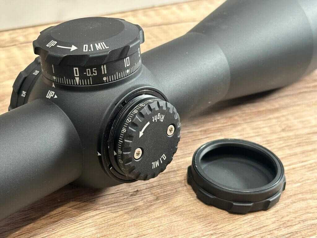 Closeup view of the windage turret on the ZC420 Hunter with the cap removed.