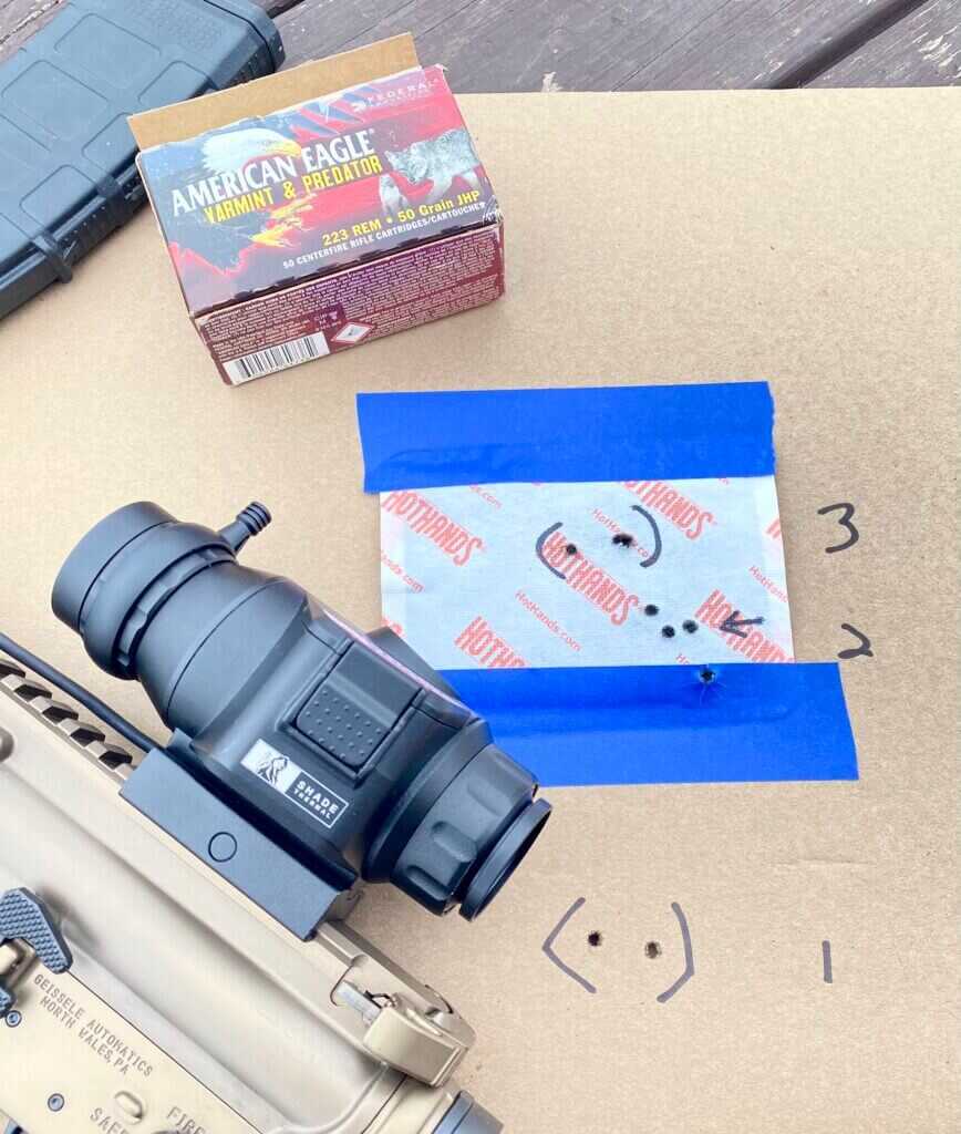 50 yard zero target for the Sightmark Shade thermal scope showing tight impact group